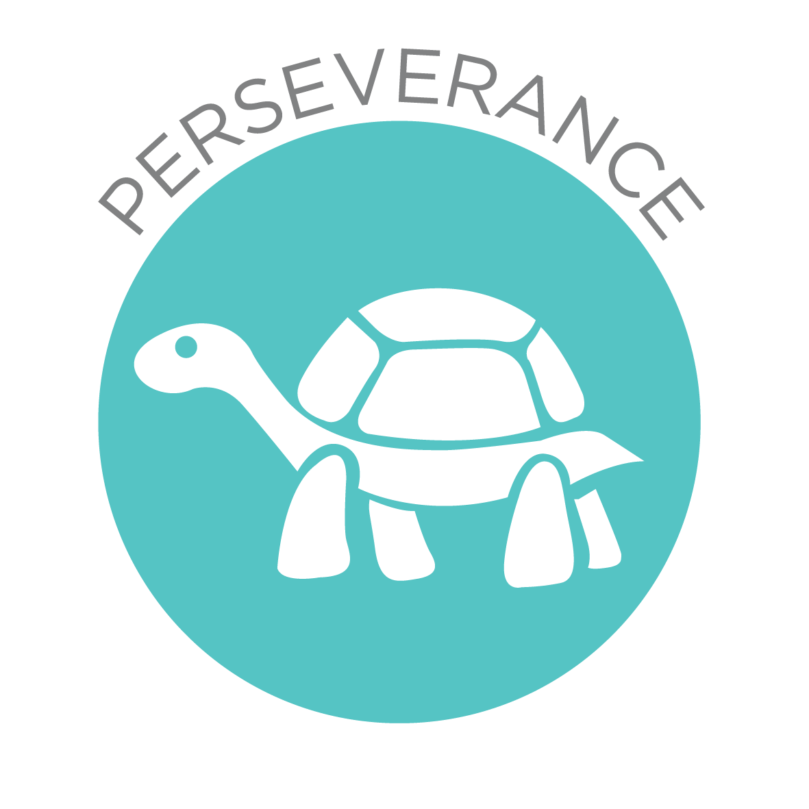 Cartoon image of a white tortoise on a blue circular background with the text 'perseverance' above it.