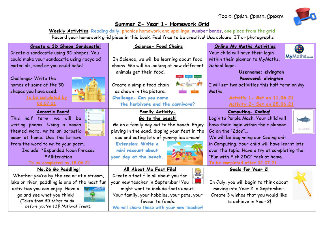 summer homework grid