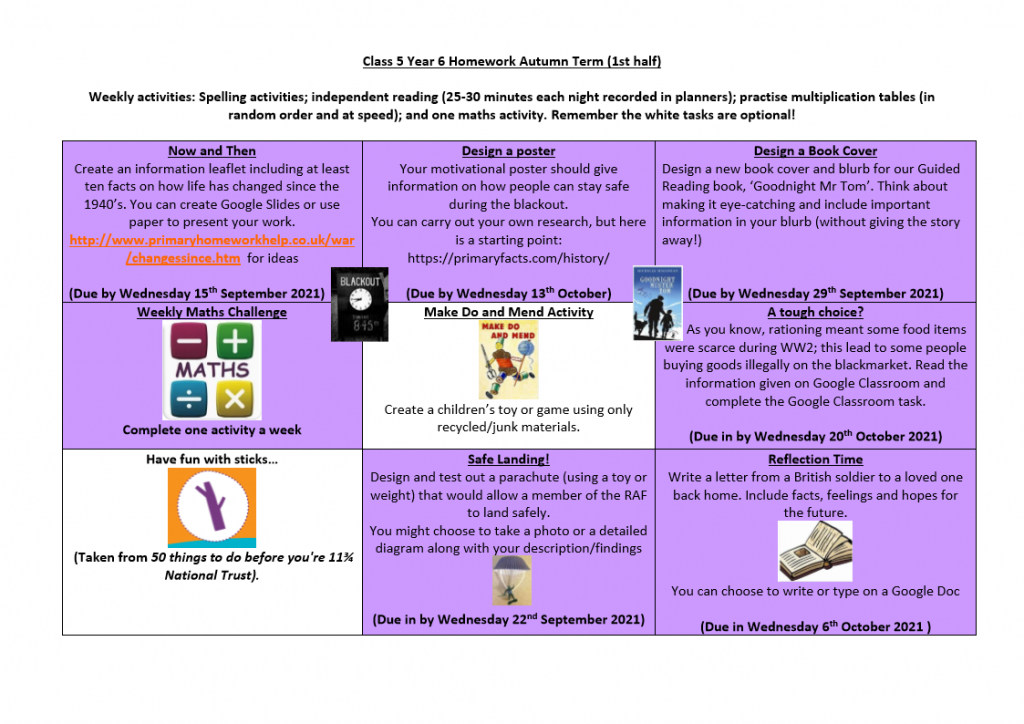Autumn 1 2021 Homework Grids | Elvington Church of England Primary School