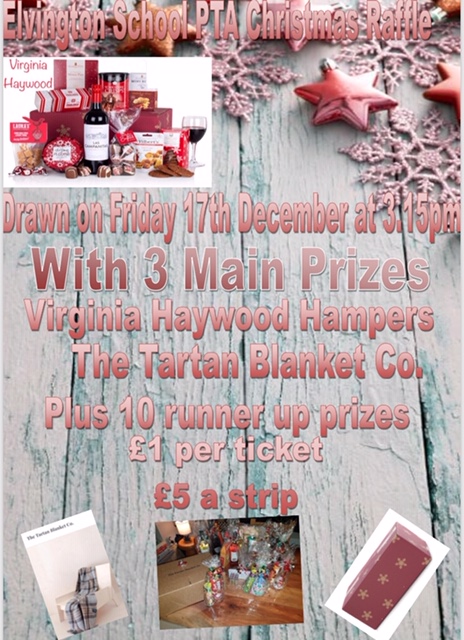 Drawn on Friday 17th December at 3:15pm. With 3 Main Prizes. Virginia Haywood Hampers. The Tartan Blanker Co. Plus 10 runner up prizes. £1 per ticket. £5 a strip.