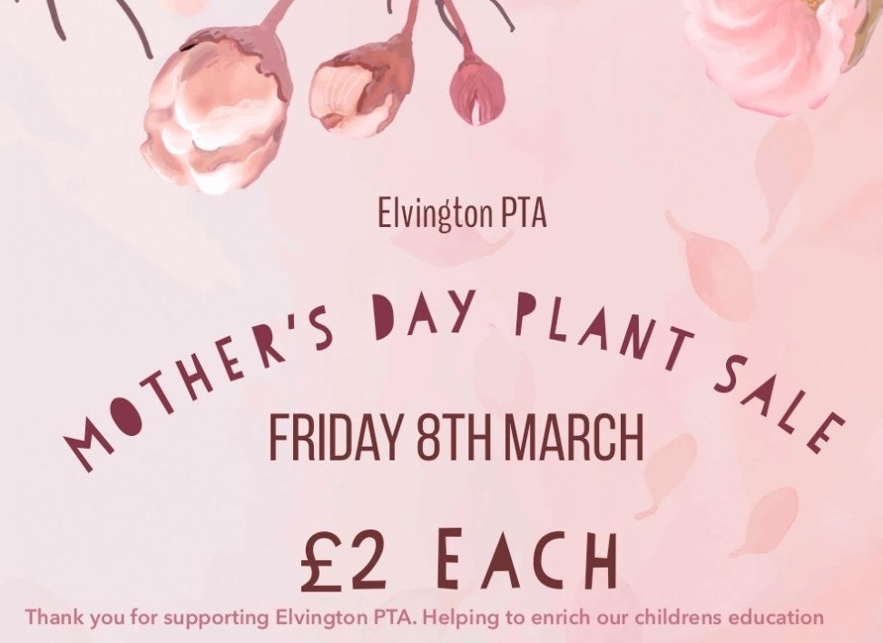 Elvington PTA Mother's Day Plant Sale, Friday 8th March, £2 each, Thank you for supporting Elvington PTA. Helping to enrich our children's education.