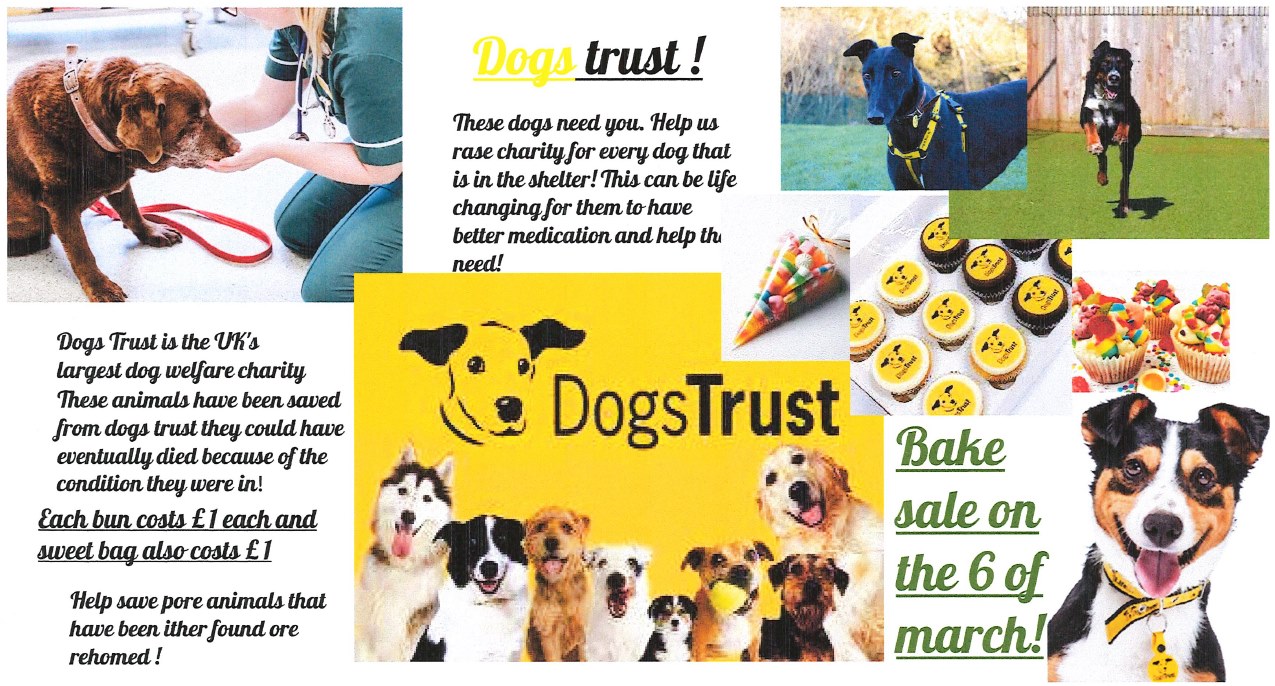 Dogs Trust! These dogs need you. Help us to raise charity for every dog that is in the shelter! This can be life-changing for them to have better medication and help their need. Dogs Trust is the UK's largest dog welfare charity. These animals have been saved by Dogs Trust they could have eventually died because of the condition they were in. Each bun costs £ each and sweet bags also cost £1. Help save poor animals that have been either found or rehomed! Bake sale on the 6th March!